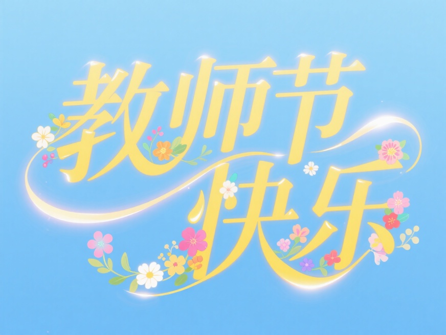 淡蓝色背景，高饱和度黄色中文艺术字‘教师节快乐’，笔画融合彩色鲜花装饰元素，艺术感预览效果