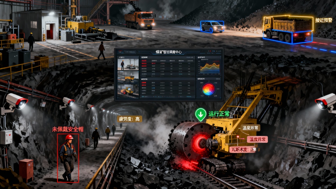 一幅展现煤矿井下与地面全场景智能监控的宏观俯瞰视角。画面下方是井下主巷道：矿工在作业，采煤机运行，车辆行驶；画面上方是地面工业广场：车辆在调度，设备在运转。整体环境光线昏暗，仅靠矿灯和固定照明，空气中预览效果