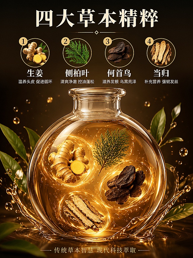 [第2屏] 详情页成分解析-四大草本精粹可视化功效说明。本屏为成分专屏 不使用产品垫图 以成分为主视觉。
[氛围/风格] 东方草本科研感 成分可视化 通透高级 3D渲染质感
[元素布局] 画面中央是一个透明玻璃器皿 里面盛有琥珀色精华液体 液体中悬浮着四大核心草本成分的3D立体形态：生姜根茎 侧柏叶 何首乌 当归 每种成分都有金色光晕包裹。器皿周围环绕着淡淡的精华液滴和草本叶片。背景为深棕色到黑色的渐变 带细微颗粒质感和金色光斑。成分元素放大占屏 主视觉合计≥60%。
[光影质感] 顶光为主 配合四周柔光 玻璃器皿有通透感和高光折射 成分元素有立体感 精华液体有粘稠流动的光泽 整体暗调高级 突出成分的珍贵感
[配色色系] 全局底色 #3D2B1F 深棕黑渐变；主色姜黄金色光晕；辅助色琥珀色液体 绿色叶片 深棕背景
[视角构图] 平视偏仰视 玻璃器皿为视觉中心 成分环绕其中 形成聚焦构图 景深浅 突出主体
[文字版式] 顶部居中大字「四大草本精粹」 米白色大号粗宋体。下方编号1-4横向排列 对应四大成分：1.生姜 温养头皮 促进循环 2.侧柏叶 清爽净澈 控油蓬松 3.何首乌 滋养发根 乌黑亮泽 4.当归 补充营养 强韧发丝。每个编号配圆形成分小图标 姜黄色编号 米白色名称 浅灰色功效说明。底部小字「传统草本智慧 现代科技萃取」 金色细体。文字清晰可读 移动端适配字号。
[比例分辨率] 3:4竖版比例 4K分辨率 文字清晰可辨 高清画质
[负向提示词] 变形 水印 文字错乱 文字过小 产品图模糊 背景杂乱 医疗图标 夸张功效