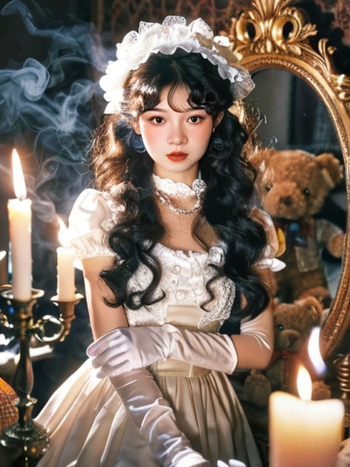 身着浅色洛丽塔裙、头戴白色花边发带，黑色大波浪卷发，佩戴白色长手套；身处充满复古感的场景，周围有多个小熊玩偶，背景有金色雕花镜子、燃烧的烛台，还弥漫着烟雾预览效果