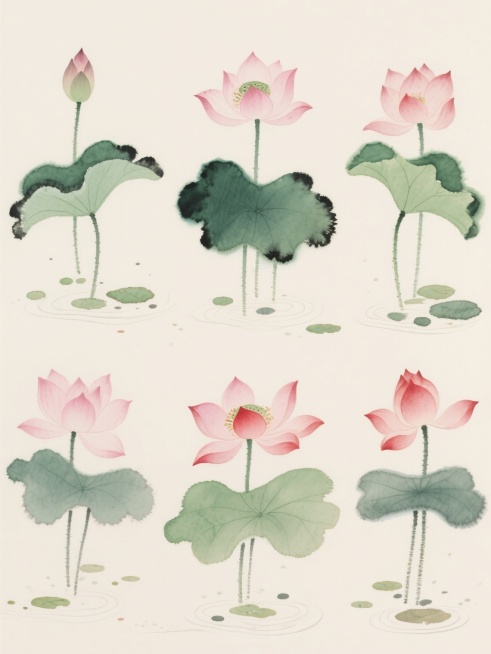 中国传统水墨风格水彩画，以淡雅的浅米色为背景，画面中呈现6个不同样式的莲花造型，上下两行整齐对齐排列；上排三朵莲花，形态各异，有的含苞待放，有的半开，有的初绽，搭配深浅不一的绿色荷叶，荷叶边缘有自然的墨色晕染，点缀着零星的浮萍和水波纹；下排三朵莲花，同样造型各具特色，与上排形成呼应，莲花花瓣以柔和的粉色、浅红色渲染，带有水彩特有的透明感和渐变效果，荷叶舒展，叶脉清晰，浮萍和水点分布自然；整体构……预览效果