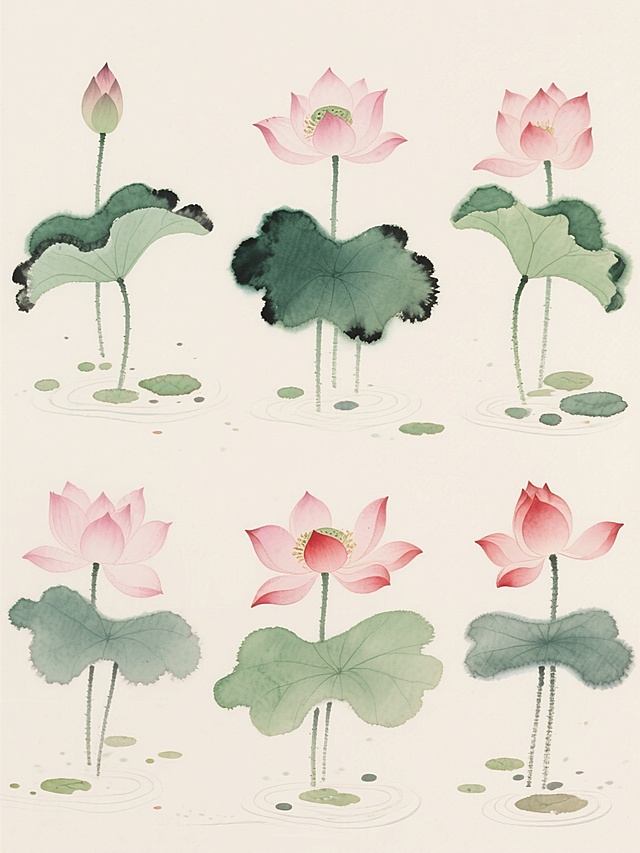 中国传统水墨风格水彩画，以淡雅的浅米色为背景，画面中呈现6个不同样式的莲花造型，上下两行整齐对齐排列；上排三朵莲花，形态各异，有的含苞待放，有的半开，有的初绽，搭配深浅不一的绿色荷叶，荷叶边缘有自然的墨色晕染，点缀着零星的浮萍和水波纹；下排三朵莲花，同样造型各具特色，与上排形成呼应，莲花花瓣以柔和的粉色、浅红色渲染，带有水彩特有的透明感和渐变效果，荷叶舒展，叶脉清晰，浮萍和水点分布自然；整体构图疏朗有致，色彩清新淡雅，笔触细腻柔和，营造出宁静、雅致、富有东方韵味的氛围，具有传统水墨画的写意美感和水彩画的灵动通透。
