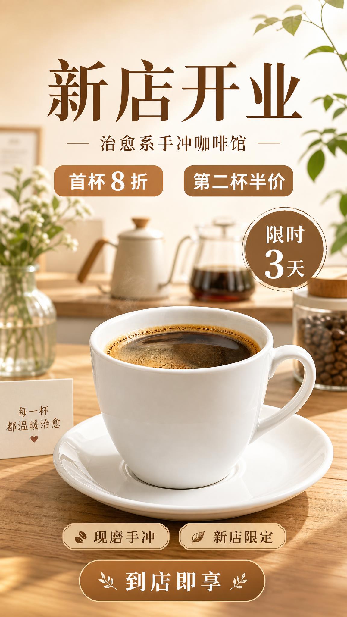 日系 ins 风治愈系咖啡店「新店开业」活动促销海报，写实商业… - 图片创意预览