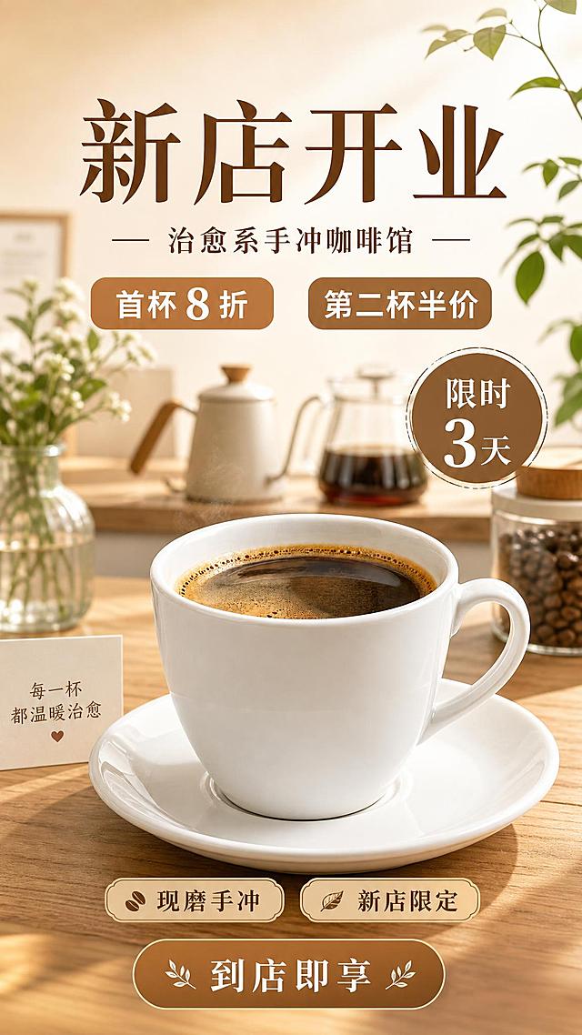 日系 ins 风治愈系咖啡店「新店开业」活动促销海报，写实商业摄影质感，竖版 9:16 手机端分享海报。画面主体为中下部的一只白色陶瓷咖啡杯与同色杯碟，杯中为现磨手冲咖啡，液面带有细腻浅棕油脂与热气，杯子轻微倾斜静置于暖色原木台面上，占画面 55%～75%，高光与柔和接触阴影自然，商业摄影立体感强。白色陶瓷咖啡杯 100% 还原上传商品图的产品外形、包装、LOGO、印刷文字、净含量，以上传图为唯一商品主体来源，完整保留原图中的杯型、轮廓、结构、比例、杯碟造型、材质质感、白色釉面与产品朝向，设计仅作用于背景、光影、道具、版式和文字区，文字不遮挡主体。背景为中景日系咖啡店环境，原木吧台、手冲壶与分享壶、咖啡豆玻璃罐、左侧花瓶绿植与右侧枝叶，背景轻微虚化形成景深；上方为浅奶油米色渐变底色与晨间柔和自然光，光线均匀柔和，整体色调温暖明亮、干净治愈。配色以奶油白、浅木色、暖米色为主，点缀少量焦糖棕与清新绿；四周留足安全边距，标题、产品、卖点标签互不遮挡，版面分区清晰、层级分明、版式精美。文字以中文呈现、清晰可读：画面上半部大字主标题「新店开业」；其下副标题「治愈系手冲咖啡馆」；标题下方两侧放置两个圆角标签，分别写「首杯 8 折」「第二杯半价」，标签为暖棕底色配白色文字，视觉突出；画面中部偏右以醒目色块强调「限时 3 天」；画面下方以短横标签排列「现磨手冲」「新店限定」，底栏居中放置按钮样式圆角色块，内写「到店即享」。画面中所有信息区域、标签、优惠条目必须填充完整合理的内容，不得出现空白框、空白占位、横线待填写区域、空列表项，确保是完整可用的成品海报而非待填写模板；画面中所有数字必须精确渲染，不得错位、遗漏或编造。所有文字必须清晰可读、不贴边、不残缺、不重复。画面中不得出现任何乱码文字、错误logo、水印或二维码图案。