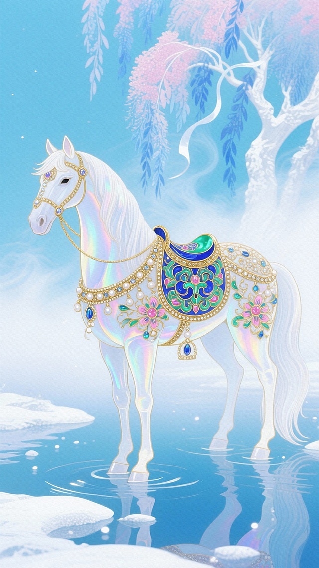 梦幻唯美的插画风设计，白驹踏雪临水，鎏金装饰与水彩晕染交融，轻拟物手法呈现虚拟自然的浪漫奢华。