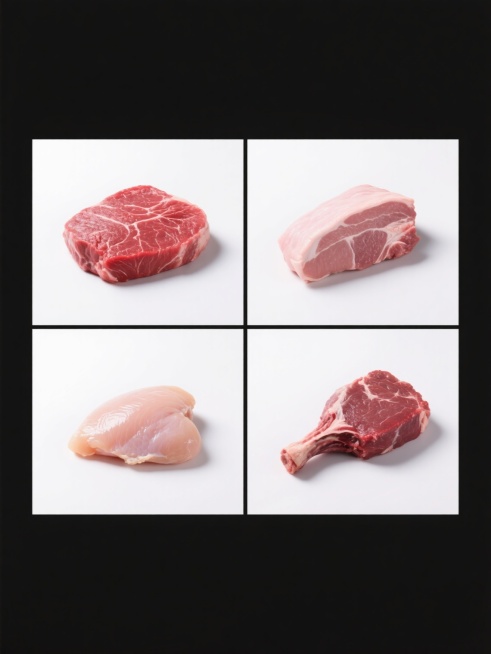 纯白纯色背景上，四个规整排布的生鲜肉类矩形区域，每个区域展示一种完全不同的新鲜生肉，整体采用高清晰度商业摄影风格，超写实主义细节，柔和均匀的顶光照明，肉质表面呈现自然的湿润光泽和细腻纹理，色彩上分别呈现各自肉类固有的新鲜色调（如鲜红色的生牛肉、粉红色的生猪肉、浅粉色的鸡胸肉、深红色的生羊肉），每个肉类元素独立完整，边缘清晰，质感真实，构图平衡对称，整体画面干净整洁，突出食材的新鲜度和高品质感，……预览效果