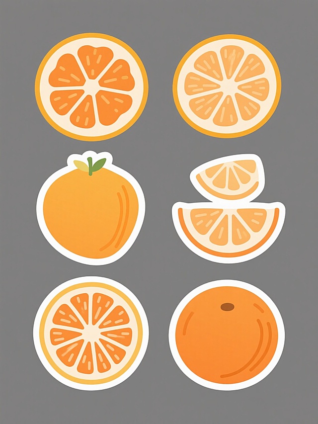 白色背景上，六个完全不同形态的陈皮元素系列素材集合，采用规整对称的平衡构图排布，保持扁平化插画风格，运用多种不同色调的橙色系色彩变换，每个陈皮元素均具有独特的形态和简洁流畅的线条细节，整体画面具有清晰的视觉层级和高效的信息传达效率，适合作为陈皮产品的宣传素材，无文字、LOGO、二维码及多余装饰元素。