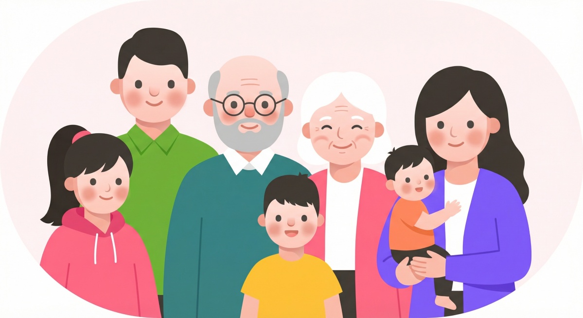 扁平插画风格，多代同堂的家族合影头像，包含老人、中年、孩子，圆形背景，画风和参考图一致预览效果