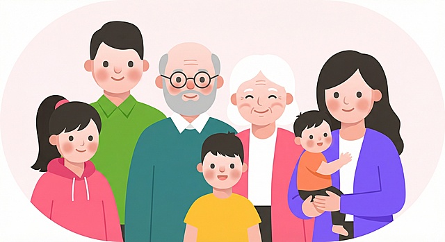 扁平插画风格，多代同堂的家族合影头像，包含老人、中年、孩子，圆形背景，画风和参考图一致