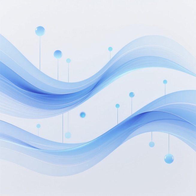 抽象科技感背景，以纯净白色为底，由多层次流畅的蓝色渐变线条构成动态波浪形态，线条细腻且富有韵律感，波浪间点缀着大小不一的半透明蓝色光点，部分光点连接着细长的垂直线条，整体呈现出轻盈、灵动、未来感十足的氛围，光影过渡自然柔和，具有高度的视觉连贯性和现代设计感。预览效果