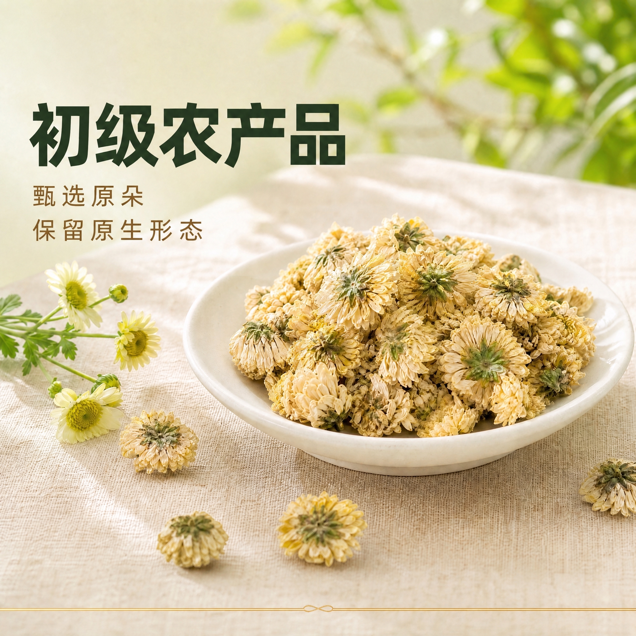 去除左上角的红色圆形品牌Logo，保持背景、干菊花和其他文字完… - 图片创意预览