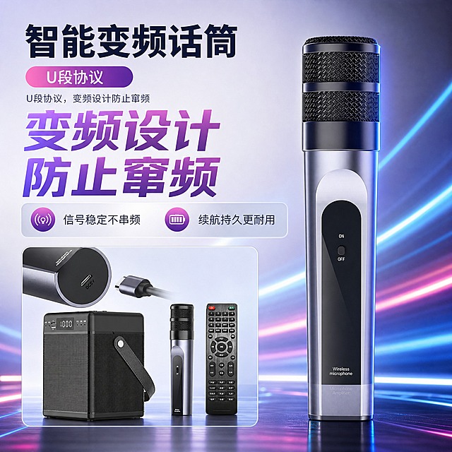 [主图-6] 核心价值-智能变频U段话筒，突出防窜频与无线体验。
[统一基调] 风格=3C数码科技商业摄影风；主色=深蓝紫；背景=深蓝紫渐变+霓虹红蓝光带+深色反光地面；强调色=霓虹粉紫；标题字=粗黑无衬线白色大字；正文字=简洁无衬线浅灰蓝色；组件=圆角半透明信息卡、发光标签；光影=侧前冷光+红蓝轮廓光。
[画面] 使用【图6】智能变频话筒+音箱+遥控器全家福；保留话筒金属渐变机身、网头结构、充电接口、音箱外观、遥控器按键布局，不改变产品原貌。右侧竖放一支话筒特写占40%，左侧上方话筒充电接口细节小图，下方音箱+话筒+遥控器全家福小图。背景浅灰白渐变+蓝色光效。
[光影质感] 商业摄影质感，话筒金属机身有渐变高光，网头纹理清晰，充电接口细节可见，整体干净高级。
[配色] 浅灰白渐变背景+蓝色光效+深灰蓝标题字+中灰正文，产品保持原色。
[文字版式] 左上主标题"智能变频话筒"，粉紫色标签"U段协议"，大号艺术字"变频设计 防止窜频"居中，下方2个卖点："信号稳定不串频""续航持久更耐用"。文字横排。
[输出要求] 比例1:1，2K，文字清晰可读，产品清晰，负向提示：避免话筒变形、颜色改变、产品结构缺失、文字模糊、纯白底。