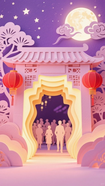 以柔和的粉紫色为背景主色调，营造浪漫的夜间氛围。多层纸雕堆叠的中秋灯会入口，入口是纸雕牌坊，牌坊上雕刻祥云与圆月图案，两侧挂着红灯笼纸雕，入口内可见人群纸雕剪影，背景是淡紫纸雕夜空，点缀星星剪纸，充满预览效果