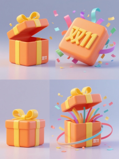 一套4个规整排布的电商营销素材，保持简约现代的3D立体风格，纯色背景，无文字、无logo、无水印。第1个为原素材：橙色方形礼盒，盒盖向上打开，顶部系着黄色蝴蝶结，盒身有两条黄色竖带，周围飘散着彩色丝带和纸屑，光影柔和，具有平滑的塑料质感。另外3个为该礼盒的变体：第2个礼盒盒盖半开，黄色蝴蝶结略微倾斜，彩色丝带数量增加，礼盒正面中央用简约无衬线字体标注“双11”字样；第3个礼盒盒盖完全打开，黄色……预览效果