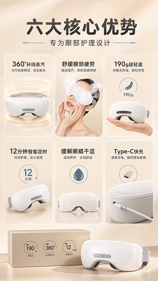 [商品] 使用【图4】开箱图+【图5】产品主机图+【图2】包装盒侧面参数图；保留产品白色外观、流线型设计、包装盒上的190g/360°/12分钟三个图标参数、产品结构比例；产品多角度展示，正面和侧面角度都符合真实形态。
[画面] 目标：核心卖点总览，建立产品全面认知。构图：顶部大标题，下方6个圆角卡片分两排三列布局，左上卡片放产品正面图配「360°环绕蒸汽」，中上卡片放蒸汽效果示意配「舒缓眼部疲劳」，右上卡片放重量图标配「190g超轻盈」，左下卡片放定时图标配「12分钟智能定时」，中下卡片放水滴图标配「缓解眼睛干涩」，右下卡片放Type-C接口配「Type-C快充」；卡片间有细线分隔，背景为浅米色渐变底。
[视觉] 套系策略：风格=轻奢科技护理商业摄影；标题字=现代无衬线粗体中文；正文字=简洁无衬线体；主色=米白香槟金；背景延展=基于米白香槟金做深浅层级、同色渐变和细腻哑光质感；强调色=雾霾蓝，仅用于小面积图标、引线和标签；标题色=深炭灰；正文色=中暖灰；组件=圆角浅底信息卡、细线引线、蒸汽光效；光影=左前侧暖柔光，产品右侧有柔和轮廓光。
[文字] 顶部主标题「六大核心优势」，副标题「专为眼部护理设计」，每个卡片内有1个主卖点词+1行简短说明，文字全部横向排版，字号保证手机端清晰可读，不出现蚂蚁字。
[规格] 图片比例9:16竖版，4K分辨率，负向提示：避免变形、错字、文字过小、冷蓝背景、产品颜色改变、结构失真、绝对化用语、医疗功效承诺、连续同构icon矩阵。