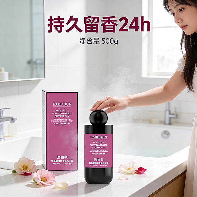 [主图-4] 法伯顿氨基酸沐浴露场景使用展示，产品主体放置在画面中央偏下位置，保持产品外观包装与原图一致不变形。背景为温馨明亮的现代浴室场景，台面干净整洁，搭配几朵新鲜花瓣点缀，弥漫淡淡水雾氛围感，一位年轻女生正伸手取用沐浴露，只露出手臂部分，不遮挡产品主体。超写实商业摄影，光线自然柔和，通透干净，氛围感十足。主色调浅暖灰白搭配产品粉紫，清新舒适。文字版式：产品上方大字“持久留香24h”，紫红色粗体；下方小字“净含量 500g”，深灰色细体，文字清晰不遮挡主体，易读性强。1:1比例，4k分辨率，超高清。负向提示词：变形，水印，文字错乱，产品模糊，背景杂乱。