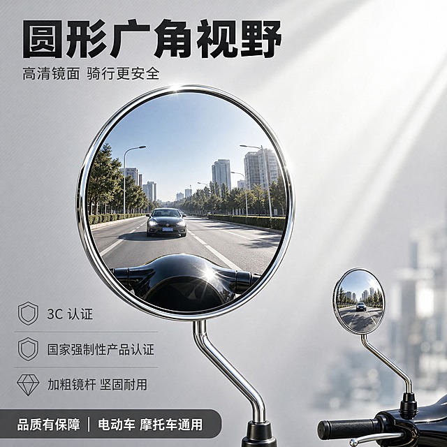 [商品] 使用【图63】的银色圆镜镜面与镀铬镜壳形态与【图62】的加粗镜杆；保持镜壳镀铬银色、圆形凸面镜面、加粗弯管镜杆与底座螺母结构，不改色不换形；忽略并去除输入图上的叠加文案与蓝色背景板。
[画面] 淘宝卖点图（品质与安全）：画面左侧为一只银色圆镜的超大特写（镜面正对镜头、直径占画面约 55%），镜面内在不扭曲不变形的前提下以透视反射出骑行者视角的道路与后方来车；镀铬镜壳呈金属镜面反射，有清晰圆润的边缘高光；右下方另一只同款镜与小段车把小面积作呼应；背景为浅银灰竖向渐变叠加柔光光晕，前中后景至少 3 层。
[光影质感] 棚拍侧逆光，镀铬金属有强反射与丰富高光层次，镜面反射自然真实，边缘锐利。
[配色] 套系策略：风格=淘宝精致银灰调卖点图；标题字=超粗黑体；正文字=常规黑体；主色=浅银灰至白渐变；背景延展=银灰渐变叠加柔光光晕与细密斜线；强调色=亮黄，仅用于小面积角标、图标、箭头；标题色=深灰黑；正文色=中灰；字效=纯色；组件=亮黄圆角角标、细银灰分割线、底部深灰服务条；光影=棚拍侧逆光，金属高光。
[文字版式] 左上主标题“圆形广角视野”深灰黑超粗黑体；副标题“高清镜面 骑行更安全”中灰常规字，字号约主标题的 40%；左侧三行细银线图标字“3C 认证”“国家强制性产品认证”“加粗镜杆 坚固耐用”；底部深灰服务条白字“品质有保障 | 电动车 摩托车通用”；全部横排不加标点，不遮挡镜面与反射画面。仅以文字形式提及认证，不绘制任何官方认证标志图形。
[规格] 图片比例1:1，2K；负向：变形、色差、镜面反射扭曲、镜壳变黑或变色、错字、竖排或旋转文字、水印、平台Logo、伪造认证标志、竞品角标、杂乱。