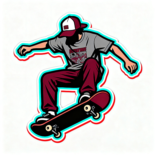 masterpiece, vector illustration, skateboarder silhouette with skateboard, in nollie flip pose, wearing graphic tee and trucker hat, pure white background, only skateboarder and skateboard, no extra background elements, burgundy and gray main color, thick dark outline, layered neon cyan and red outer glow, retro 90s streetwear style, bold graphic, clean flat colors, sticker design, high contrast, no gradient