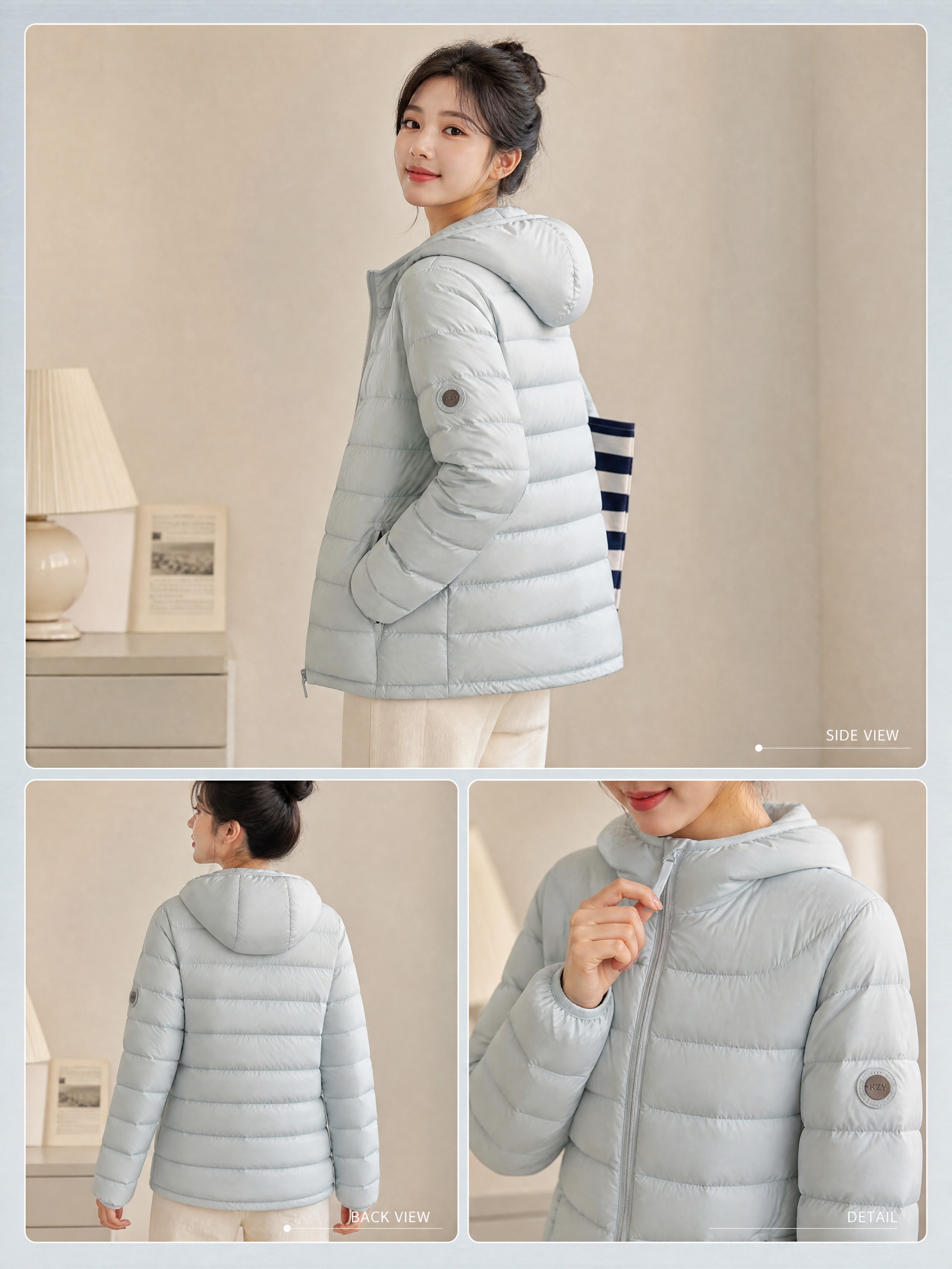 [商品] 使用【图1】浅蓝连帽轻薄羽绒服；商品处理：保留连帽、… - 图片创意预览