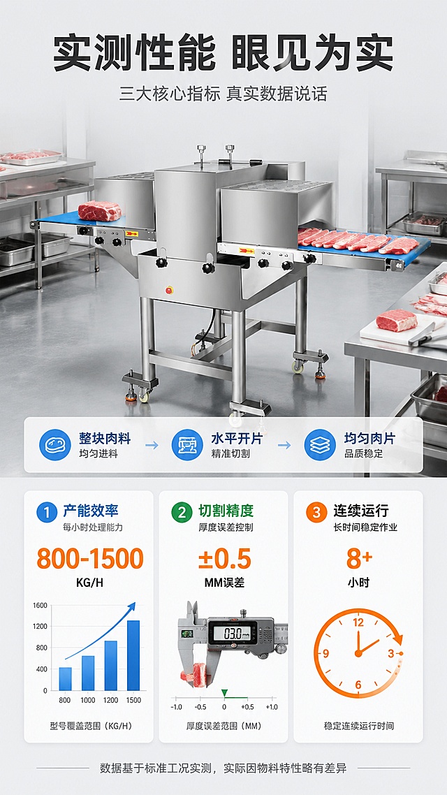 [第5屏] 核心功能实测-产能效率与开片效果展示。本屏使用【图1】作为设备主体，保持外观结构一致。
[氛围/风格] 数据实测风，浅灰底，数据可视化+场景结合，专业可信。
[元素布局] 画面上半部分是设备工作场景示意，水平开片机正在运行，蓝色输送带上有鲜肉块进出，出料端有均匀肉片；下半部分是三个数据指标卡片横向排列，各配数据柱状图或仪表盘。背景浅灰色工业风，有工作台、肉料等真实元素。
[光影质感] 顶部均匀柔光，设备和肉料真实立体，数据卡片有轻微投影，整体明亮清晰。
[配色色系] 全局底色 #F0F2F5 浅灰；主色深灰文字；辅助色蓝色 #1565C0、绿色 #2E7D32、橙色数据色。
[视角构图] 正面平视，上场景下数据，阅读动线从上到下。
[文字版式] 顶部主标题「实测性能 眼见为实」深灰大字加粗；副标题「三大核心指标 真实数据说话」灰色小字。三个数据卡片：1.「产能效率」配上升曲线 800-1500KG/H 2.「切割精度」配厚度尺示意 ±0.5MM误差 3.「连续运行」配时钟图标 长时间稳定作业。每张卡片数据大字突出，单位和说明小字。底部说明文字「数据基于标准工况实测，实际因物料特性略有差异」。
[比例分辨率] 9:16 竖版比例，4K分辨率，文字清晰可辨，高清画质。
[负向提示词] 设备变形，结构错误，数据虚构夸张，水印，文字错乱，文字过小，产品图模糊。