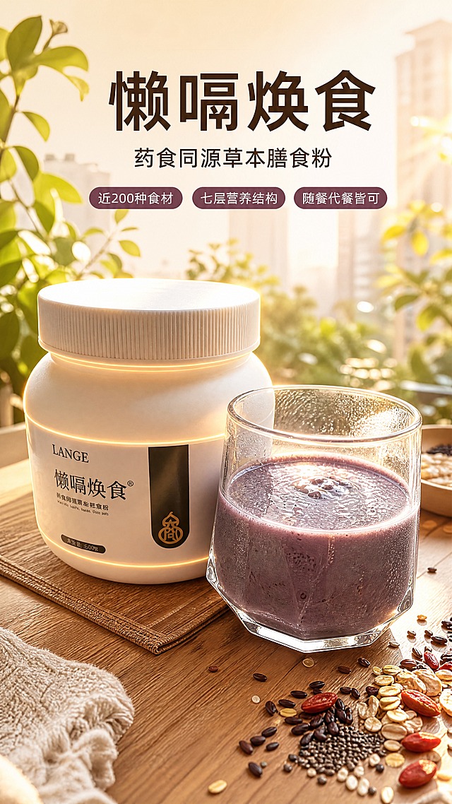 [商品] 使用图片1中的「懒嗝焕食」药食同源草本膳食粉作为绝对主体：白色塑料圆罐配白色竖纹旋盖，米白标签配黑色色块，标签上有"LANGE"英文、"懒嗝焕食"中文字样和金色方形印章图案；旁边是盛装紫红色冲调糊的透明六棱玻璃杯。严格保留罐体圆形轮廓、盖顶竖纹、标签版式、颜色、Logo与包装文字，不改变、不翻译、不新增包装文字。
[画面] 页面目标：第一眼看清产品全貌与暖阳食养氛围。产品海报型与场景氛围型融合：罐体与冲调玻璃杯并排立于窗边原木桌面，总体占据画面60%-80%，杯壁带细密水珠与糊面高光；背景为虚化的晨光窗景与绿植，形成前中后三层；前景右下散落少量黑米、燕麦、枸杞、奇亚籽等真实原料颗粒。竖版9:16，动线自上而下：标题区—产品—原料前景。
[视觉] 套系策略：风格=暖阳食养生活方式商业摄影；标题字=现代无衬线粗体；正文字=简洁无衬线体；主色=暖米白；背景延展=暖米白到浅杏同色渐变加竹席原木质感；强调色=绛紫莓红，仅用于小面积标签、引线与图标；标题色=深炭棕；正文色=暖灰；组件=圆角暖米信息卡、细金线引线、方形印章角标；光影=左前侧暖柔光带窗边斜射阳光。
[文字] 画面上方留白横排放主标题"懒嗝焕食"，副标题"药食同源草本膳食粉"，其下三个短卖点胶囊标签"近200种食材""七层营养结构""随餐代餐皆可"。全部横排，不遮挡罐体标签与杯身。
[规格] 9:16竖版，4K，避免变形、错字、文字过小、包装文字被改写、冷蓝冷灰背景、罐体结构改变、产品缺失。