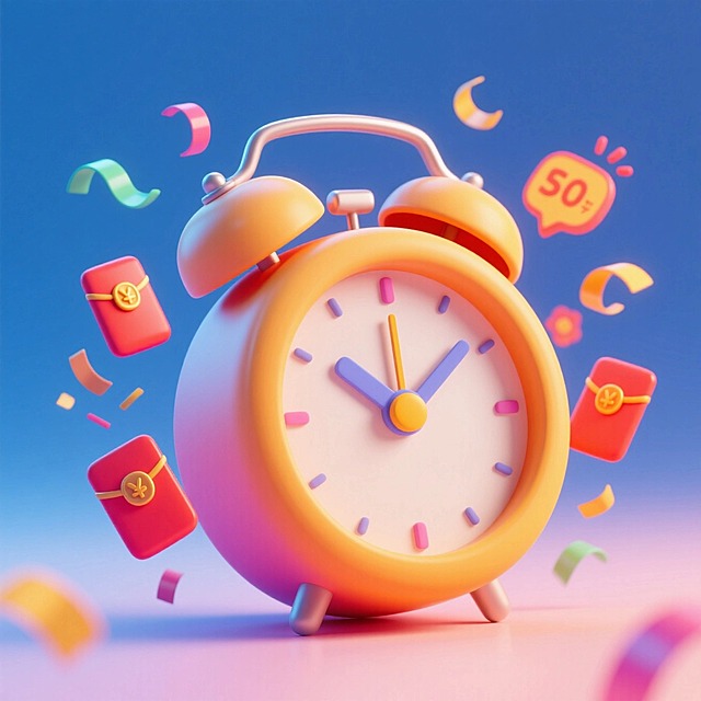 一个促销感的闹钟，漂浮着红包、彩带相关的促销装饰元素，撞色
