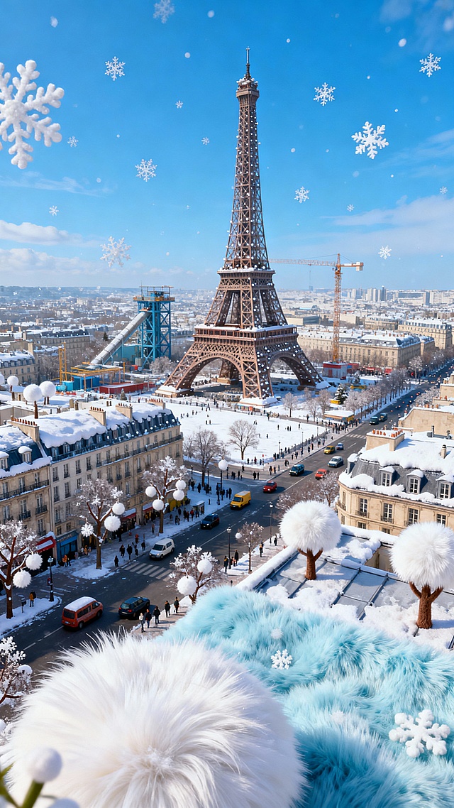 晴空万里的冬季法国巴黎埃街头，可以看到埃菲尔铁塔，鸟瞰视角的全景