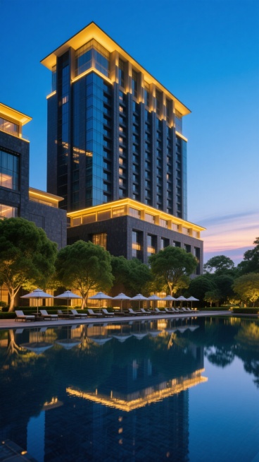 一张豪华酒店的黄昏外景摄影照片，展现不同的酒店场景图，宏伟的现代风格高层建筑，外立面采用深色石材与大面积玻璃窗相结合，顶部及裙楼边缘有温暖的金黄色LED灯带勾勒轮廓，建筑底部有整齐排列的户外遮阳伞与休闲座椅区域，周围环绕着茂密的绿色乔木，前方是平静的水池，完美倒映出建筑的灯光与天空的渐变色，天空呈现从顶部深邃的靛蓝色逐渐过渡到地平线附近柔和的青蓝色的黄昏景象，整体光影柔和，色彩和谐，营造出高端……预览效果