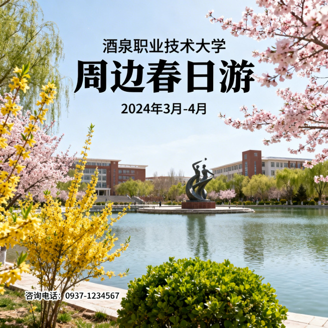 酒泉职业技术大学周边春日游海报，展现学校周边真实春日环境，校园内人工湖边迎春花、桃花盛开，绿意盎然，结合学校人文雕塑景观，标题文字"酒泉职业技术大学 周边春日游"，写实清新风格，真实自然质感预览效果