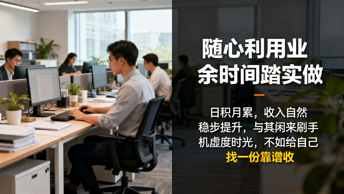 1280*720横版，生活化实景左右排版：左侧放办公室员工工作图片，右侧放文案，主标题"随心利用业余时间踏实做"，副标题"日积月累，收入自然稳步提升，与其闲来刷手机虚度时光，不如给自己找一份靠谱增收"预览效果