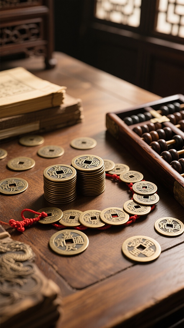 古色古香的中式书房环境，木质书桌上散落着多枚带有龙纹和"嘉庆通宝"字样的古铜钱，部分铜钱堆叠成小堆，另有一串铜钱用红绳串起呈弧形摆放，左侧可见传统木质算盘的局部，整体采用暖棕色调，柔和的侧光营造出怀旧、古朴的氛围，光线在铜钱和算盘上形成细腻的高光与阴影，展现出金属的质感和木质的纹理，构图采用近景特写，突出铜钱的细节和整体的历史厚重感。
