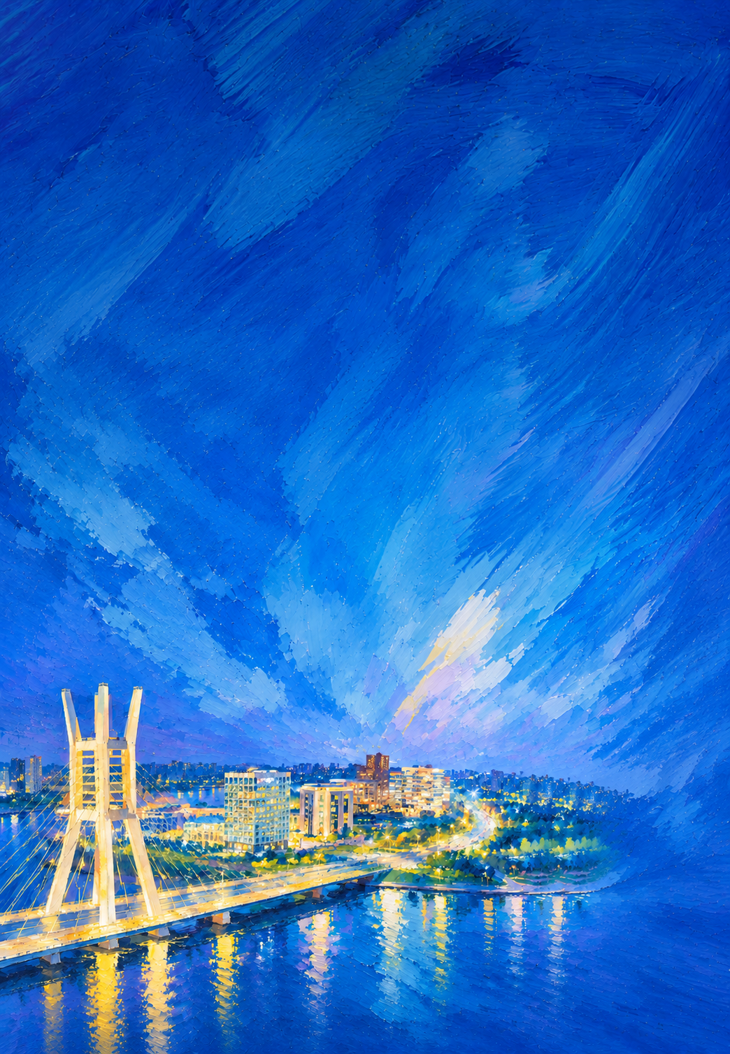 对这张蓝色背景城市夜景插画进行构图调整：将画面中的主体图案（斜… - 图片创意预览