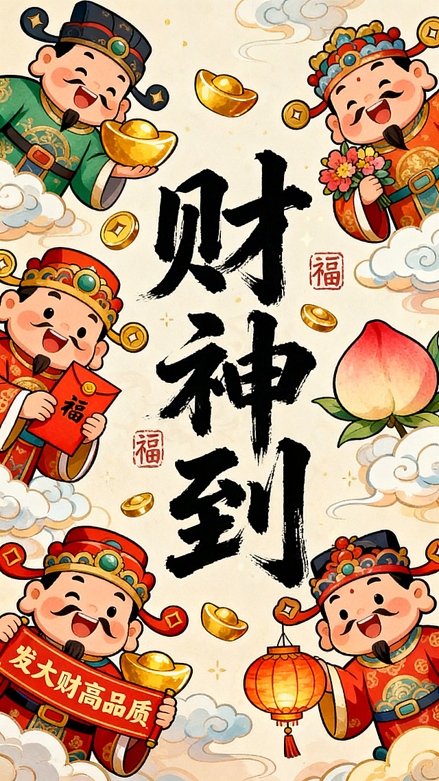 国潮风插画，卡通财神环绕“财神到”大字，融合水墨笔触与剪纸元素，喜庆祥瑞，寓意新春财运亨通。