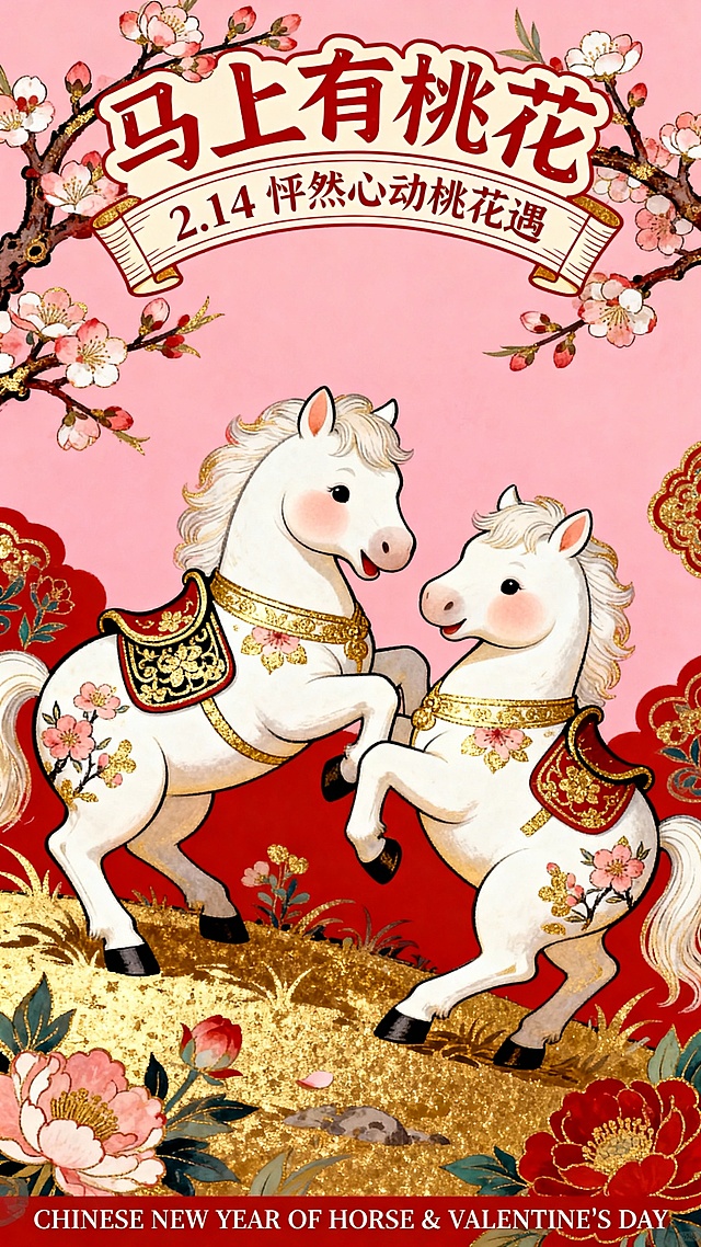 国潮插画风，拟人化白马情侣互动，鎏金刺绣元素点缀，喜庆桃花环绕，融合春节与情人节双节氛围，可爱又浪漫。
