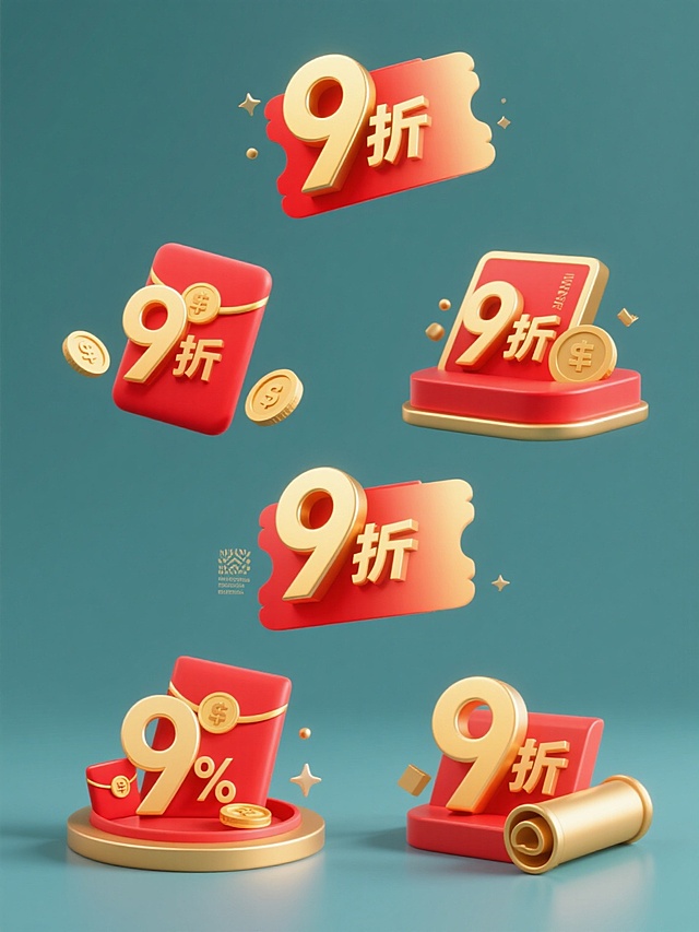 一系列6个不同造型的9折优惠促销素材，保持现代简约3D立体风格，统一采用纯色背景，每个素材均包含核心折扣元素：金色"9折"字样、红色与金色渐变的优惠券主体、红色红包、金色硬币和金色卷轴，元素布局规整且每个造型各具特色，光影柔和，高光细节精致，色彩以红色和金色为主色调，营造喜庆促销氛围，整体设计简洁明快，信息传达清晰，适合电商或零售促销使用，6个素材在保持风格统一性的同时呈现完全不同的元素组合造型，整齐排列形成系列感。