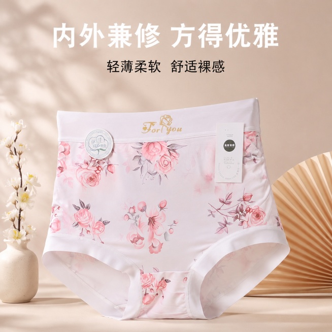 [主图-1] 女士粉色玫瑰印花冰丝内裤电商主图
[氛围风格] 参考参考图的新中式雅致氛围感，高级感松弛感，柔和时尚摄影光
[画质] 商业摄影质感、光线柔和通透、产品清晰真实、画面干净高级
[元素] 保预览效果