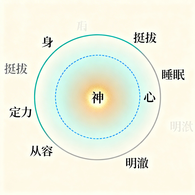 极简国风视觉设计，浅米色纯净背景，画面中心是三个渐变的同心圆，从外到内分别是：最外层是青灰色实线圆环，标注文字“身”；中间层是柔蓝色虚线圆环，标注文字“心”；最内层是暖金色发光光点，标注文字“神”。三预览效果