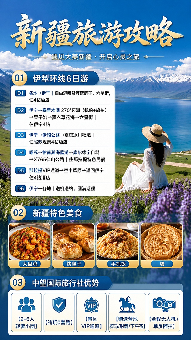新疆旅游宣传海报，大标题是"新疆旅游攻略"，画面分为三部分，顶部展示第一部分标题"伊犁环线6日游"，详细行程：D1 各地→伊宁｜自由逛喀赞其蓝房子、六星街，住4钻酒店  D2 伊宁→赛里木湖 270°环湖（帆船+旅拍）→果子沟→薰衣草花海→六星街｜住伊宁4钻 D3 伊宁→伊昭公路→夏塔冰川秘境｜住昭苏观景4钻酒店 D4 昭苏→恰甫其海蓝湖→库尔德宁自驾→X765伴山公路｜住那拉提特色民宿 D5 那拉提VIP通道→空中草原→返回伊宁｜住4钻酒店 D6 伊宁→各地｜送机送站，圆满返程。第二部分标题为"新疆特色美食"，包含：大盘鸡、烤包子、手抓饭、馕。第三部分标题为"中望国际旅行社优势"，优势包含：【2-6人轻奢小团】【纯玩0套路】【景区VIP通道】【赠送营地骑马/射箭/下午茶】【全程无人机+单反随拍】。背景是新疆赛里木湖开阔自然风光，蓝白色天空和远处雪山，写实商业摄影风格，蓝金色调，浓郁新疆地域特色，版式精美，信息分区清晰，文字清晰可读，四边留足安全边距，主次分明。