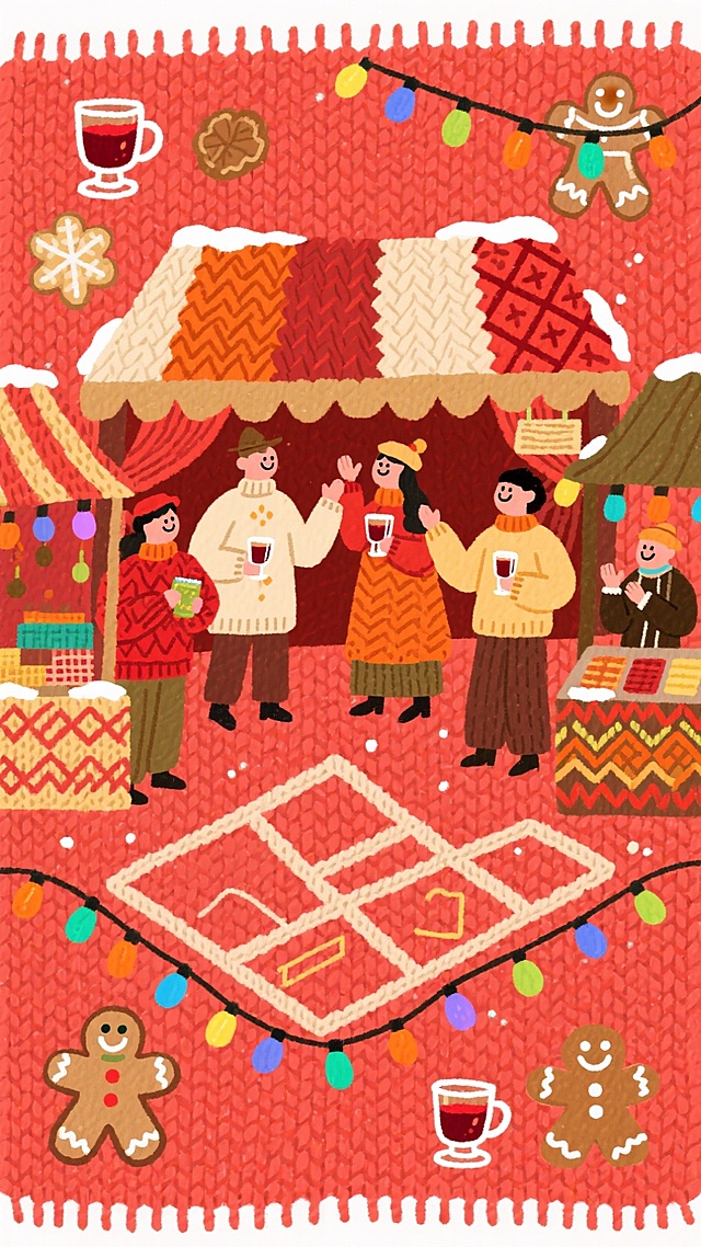 几个冬日市集摊主的人物热情招揽姿势站在市集布局图上，边缘随机散布热红酒杯、姜饼人、彩灯，暖红色背景