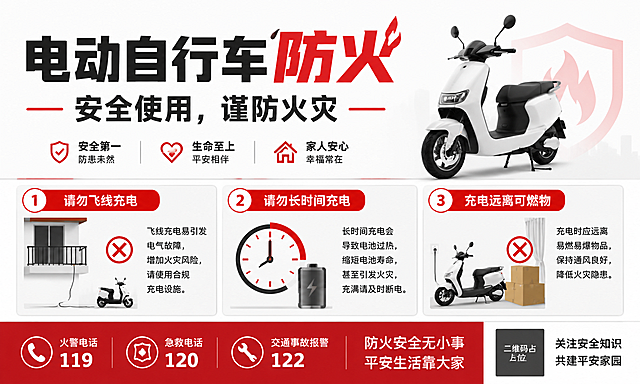 电动自行车防火安全宣传海报，设计风格为简约留白，内容简洁不繁琐，主标题“电动自行车防火”，副标题“安全使用，谨防火灾”，关键提示“请勿飞线充电”“请勿长时间充电”“充电远离可燃物”，信息分区清晰，低装饰，高对比文字，整体干净正式易读，画面排版精美，所有文字必须清晰可读，画面中所有信息区域必须填充完整合理的内容，不得出现空白框、占位区域；画面中所有二维码区域使用纯色方块占位符呈现，方块中央标注"二维码占位"文字，严禁生成任何可识别的二维码图案；画面中所有数字必须精确渲染，不得错位、遗漏或编造。