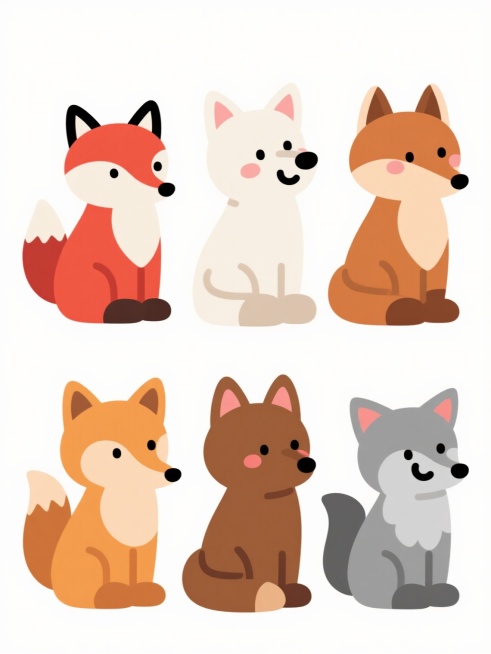 六个不同样式、不同种类、不同外观的卡通狐狸，保持与原图一致的扁平化设计风格，圆润线条，简洁造型，鲜艳明快的色彩，每个狐狸都有独特的毛色（如红色、白色、棕色、灰色等）、姿态（坐姿、蹲姿、趴姿等）和细节特征（如不同形状的尾巴、耳朵装饰、面部表情），它们整齐排列在纯白色背景上，整体视觉协调统一，充满可爱童趣。预览效果