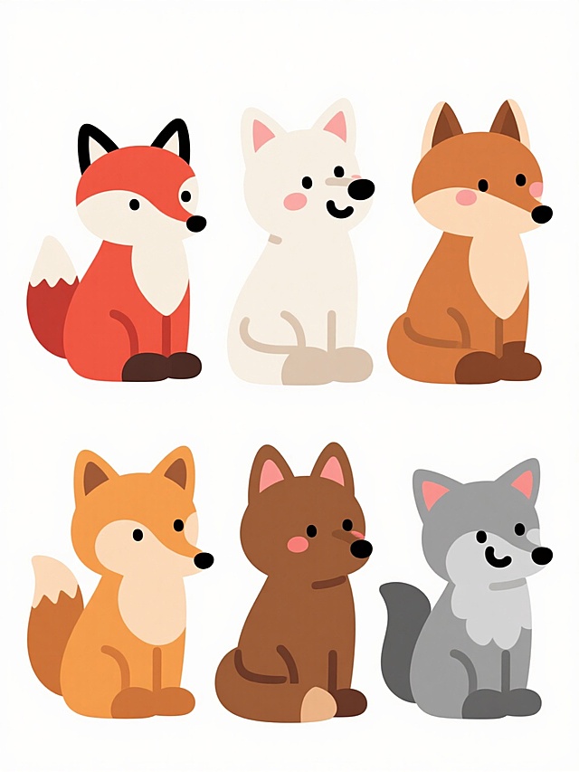 六个不同样式、不同种类、不同外观的卡通狐狸，保持与原图一致的扁平化设计风格，圆润线条，简洁造型，鲜艳明快的色彩，每个狐狸都有独特的毛色（如红色、白色、棕色、灰色等）、姿态（坐姿、蹲姿、趴姿等）和细节特征（如不同形状的尾巴、耳朵装饰、面部表情），它们整齐排列在纯白色背景上，整体视觉协调统一，充满可爱童趣。