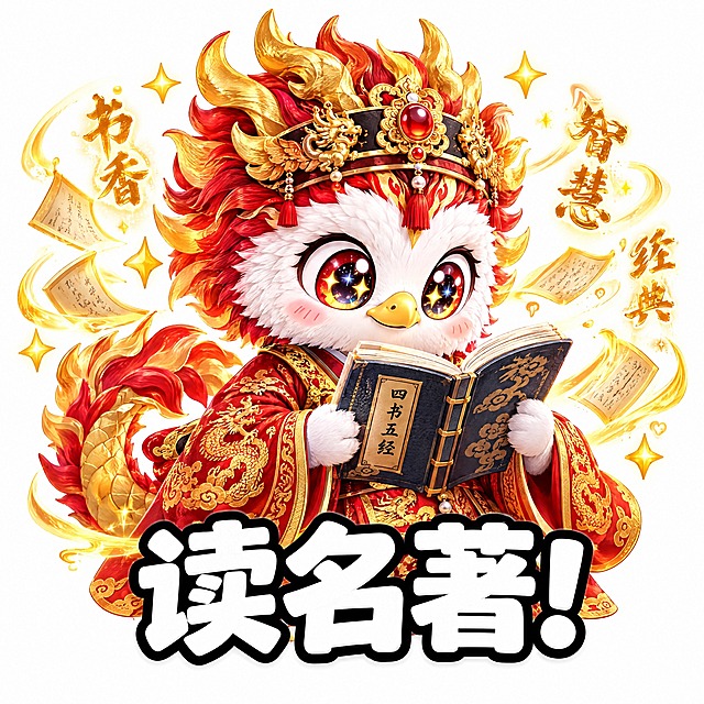 参考图1的表情包风格，Q版可爱的火龙神兽表情包，纯白色背景。红金色鬃毛的小龙，穿红色古风长袍，认真地捧着一本打开的古书在阅读，眼睛专注地看着书，周围有发光的文字和星星。底部有大大的白色粗体字带黑色描边，写着读名著！3D卡通渲染风格，可爱萌趣，表情生动