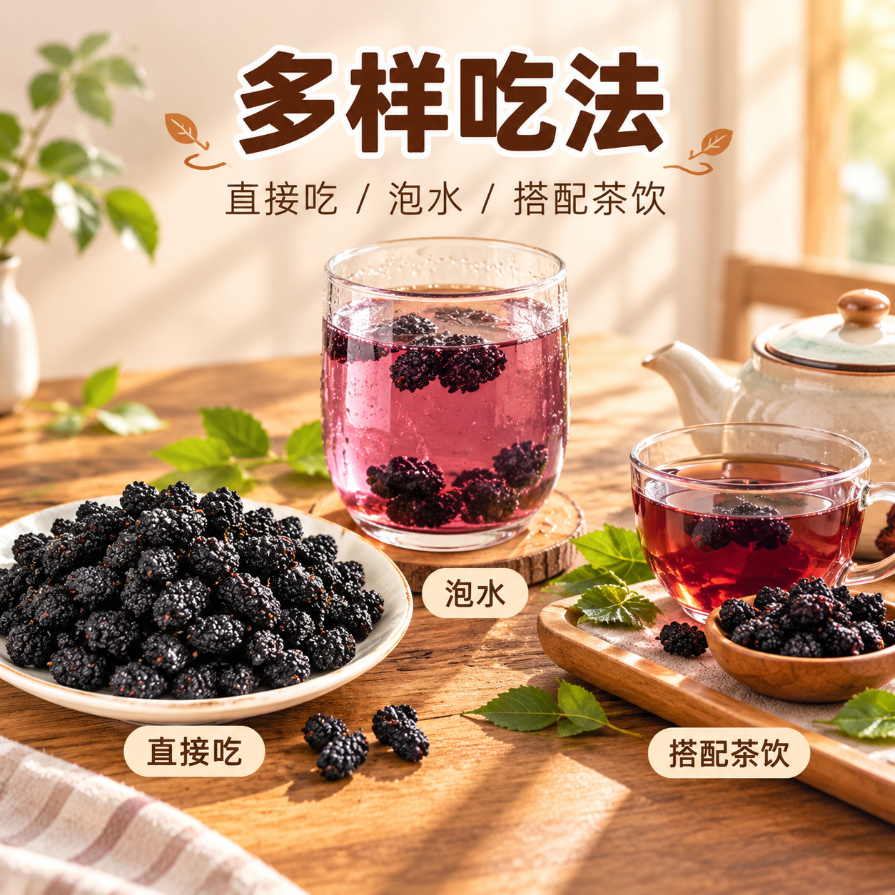 [主图-4] 多样吃法场景图，展示黑桑葚干直接吃、泡水、搭配茶… - 图片创意预览