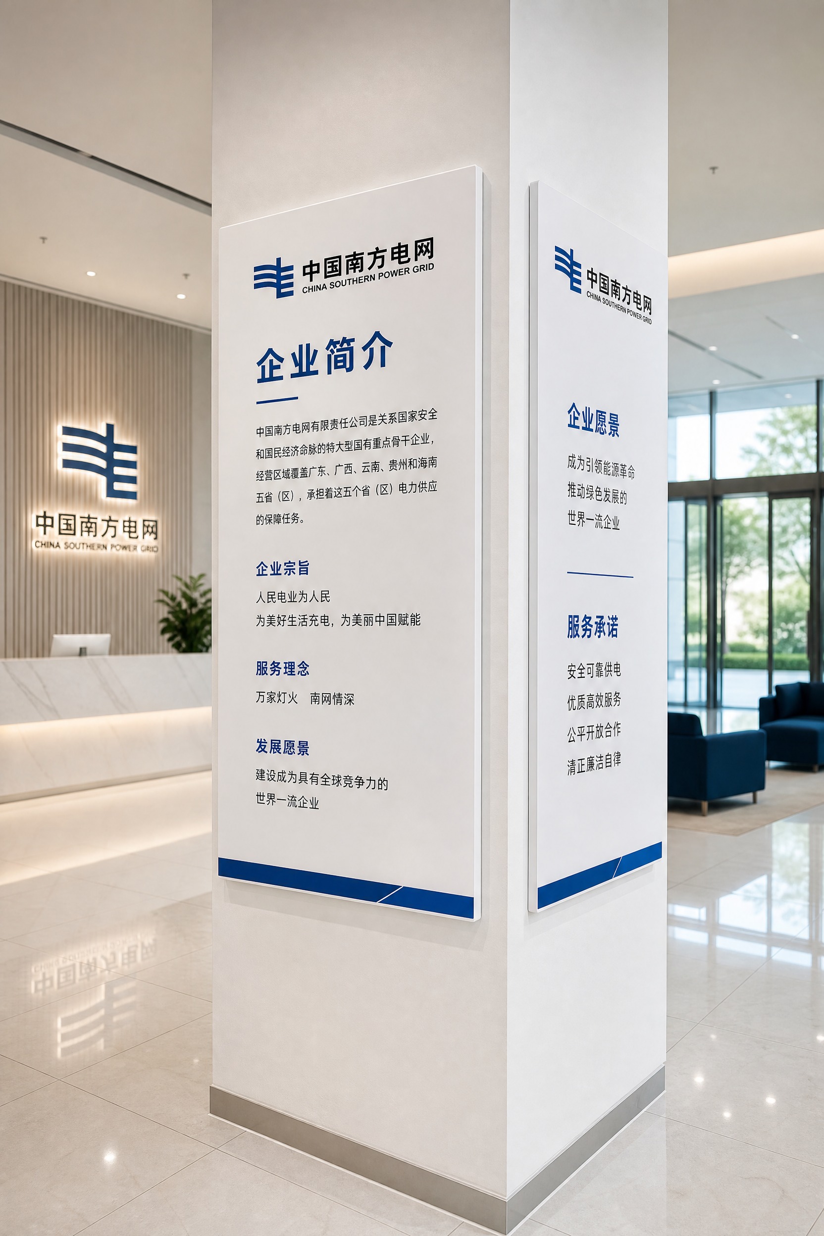 生成一张白色方形柱子上贴着南方电网企业简介立体PVC板的效果图… - 图片创意预览