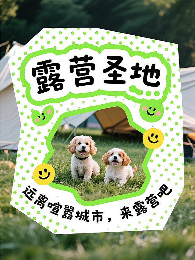 清新卡通风格，可爱小狗与emoji结合，营造舒适露营氛围。