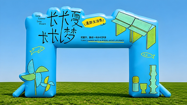 参考图2的充气拱门样机风格，将图1的平面设计做成同款充气拱门造型，蓝色充气材质，带有立体饱满的充气感和描边，放置在绿色草地背景上，蓝天背景，整体风格与图2样机一致，保留图1中的文字和图案元素，16:9比例