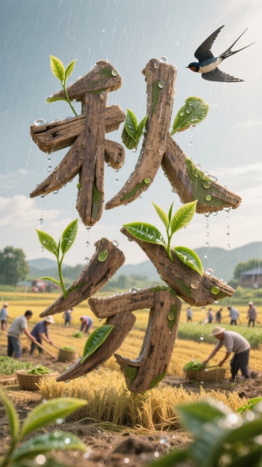 主体为一个由细雨、嫩芽、燕子、茶叶、农耕场景等元素点缀的立体艺术汉字“秋分”，背景农耕场景预览效果