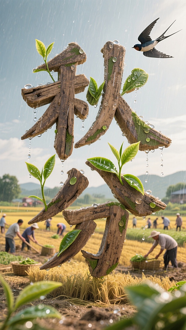 主体为一个由细雨、嫩芽、燕子、茶叶、农耕场景等元素点缀的立体艺术汉字“秋分”，背景农耕场景