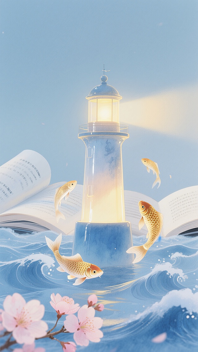 水彩风插画，梦幻清新，虚拟自然中灯塔与飞鱼共舞，超现实主义场景。